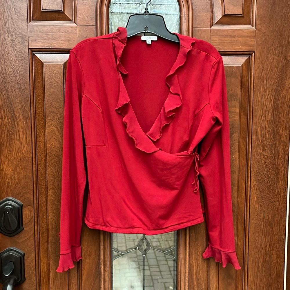 Cache Red Faux Suede Surplice Wrap Top With Ruffl… - image 1